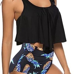 High Waisted Bikini Swimsuit Plus Size Flounce Top Vintage Tummy Control Bottom